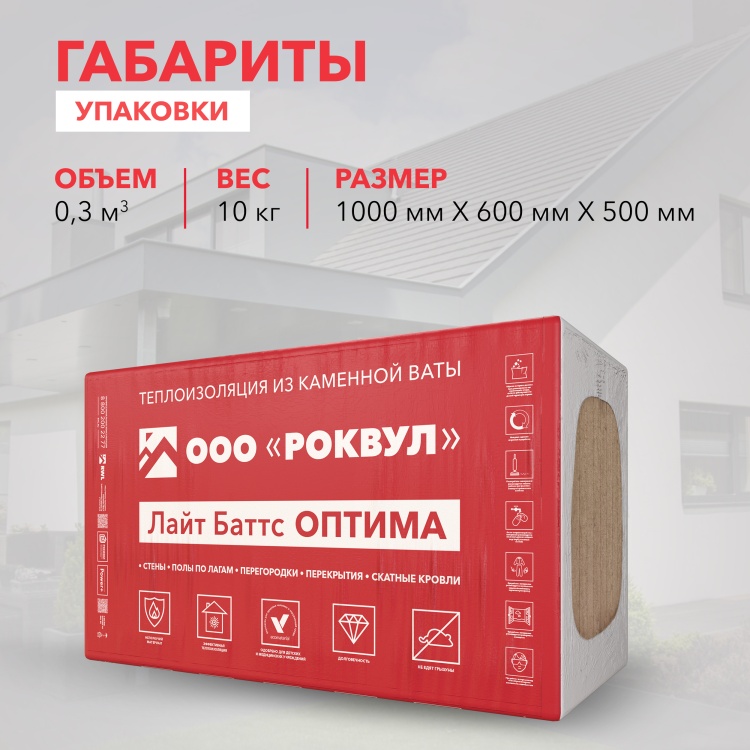 Утеплитель Роквул Лайт Баттс Оптима 1000х600х100 мм, 5 шт/уп, 3 м²