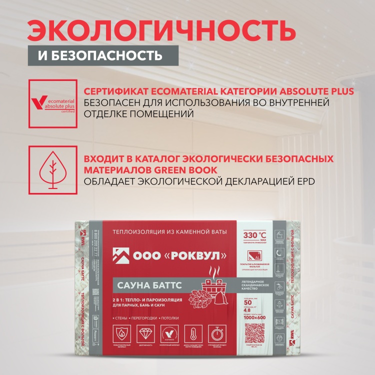 Утеплитель Роквул Сауна Баттс фольгированный 1000х600х50 мм, 8 шт/уп, 4,8 м²