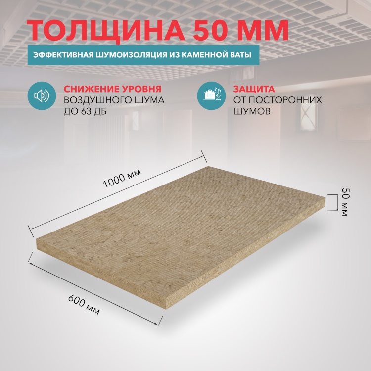 Шумоизоляция Роквул Акустик Баттс для стен, перегородок и потолка, 1000х600х50 мм, 10 шт/уп, 6 м²