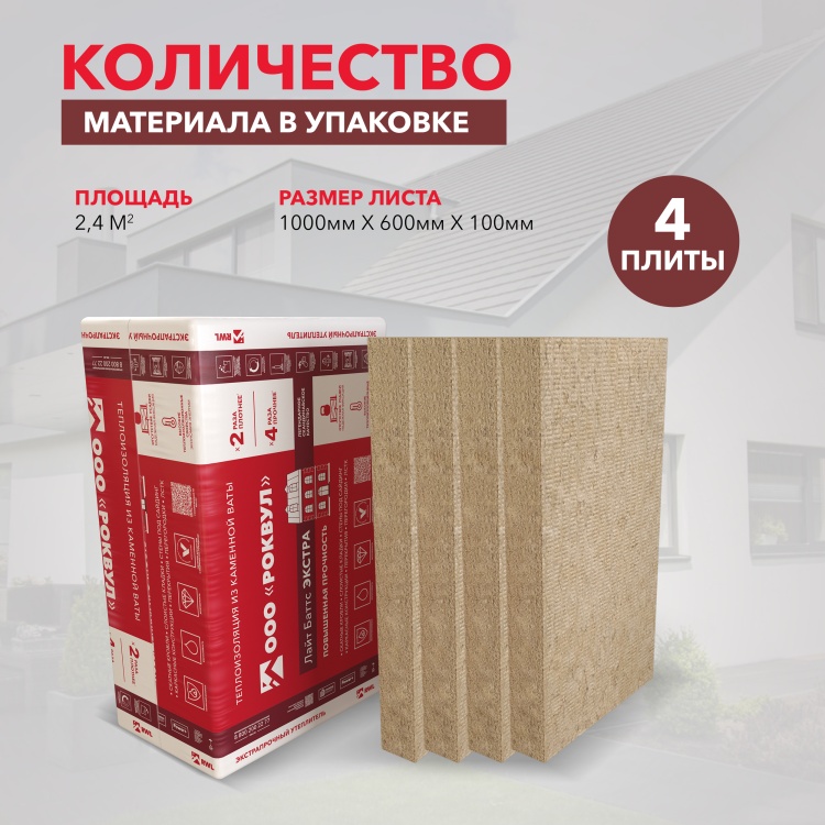 Утеплитель Роквул Лайт Баттс Экстра 1000х600х100 мм, 4 шт/уп, 2,4 м²