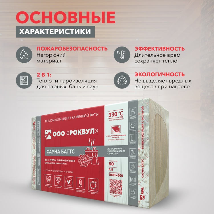Утеплитель Роквул Сауна Баттс фольгированный 1000х600х50 мм, 8 шт/уп, 4,8 м²