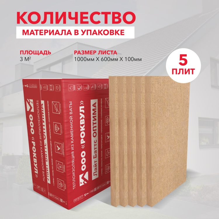 Утеплитель Роквул Лайт Баттс Оптима 1000х600х100 мм, 5 шт/уп, 3 м²