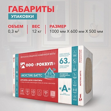 Шумоизоляция Роквул Акустик Баттс для стен, перегородок и потолка, 1000х600х100 мм, 5 шт/уп, 3 м²